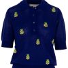Blaues Kaschmir Polo mit Ananas auf der Vorderseite