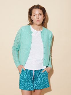 Strickjacke in Netzoptik türkis am Model