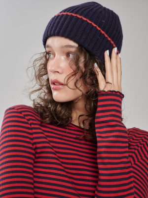 Kaschmir Mütze mit Rippstruktur in dunkelblau