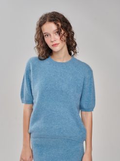 1/2-Arm Pullover türkis aus brushed Kaschmir am Model