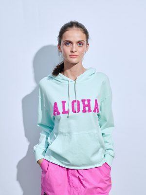 Eisblauer Hoodie mit Loop Stickerei Aloha