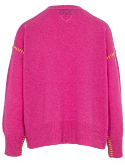 Cardigan in fuchsia mit Kontrastnaht in gelb Rückansicht