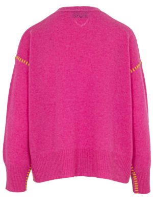 Cardigan in fuchsia mit Kontrastnaht in gelb Rückansicht