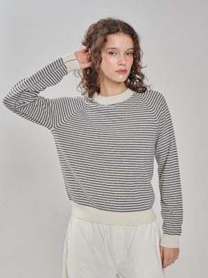 Kaschmir Pullover mit Streifen in grau-offwhite, Kontraststrifen