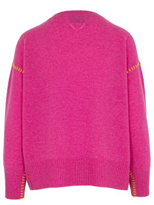 Pullover in fuchsia mit Kontrastnaht in gelb Rückansicht
