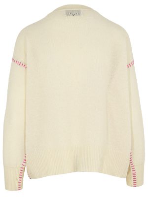 Lässiger Pullover in off white mit Kontrastnähten in pink Rückansicht