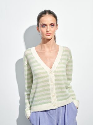 Cardigan mit Streifen in mint und cremeweiß am Model