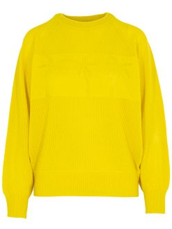 Gelber Kaschmir Pullover in Netzoptik mit Palmenintarsien